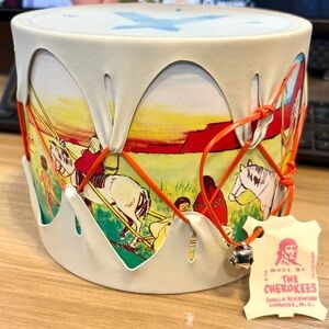Vintage Cherokee Handmade Drum with Colorful Design  and headress.